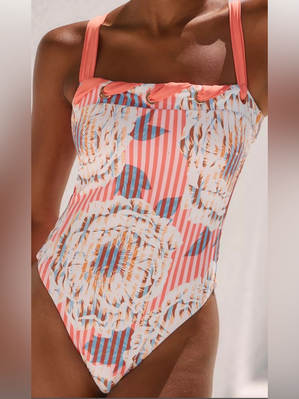 NWOT By Anthropologie Joni Grommet Floral Coral Stripe One-Piece Swimsuit Size S